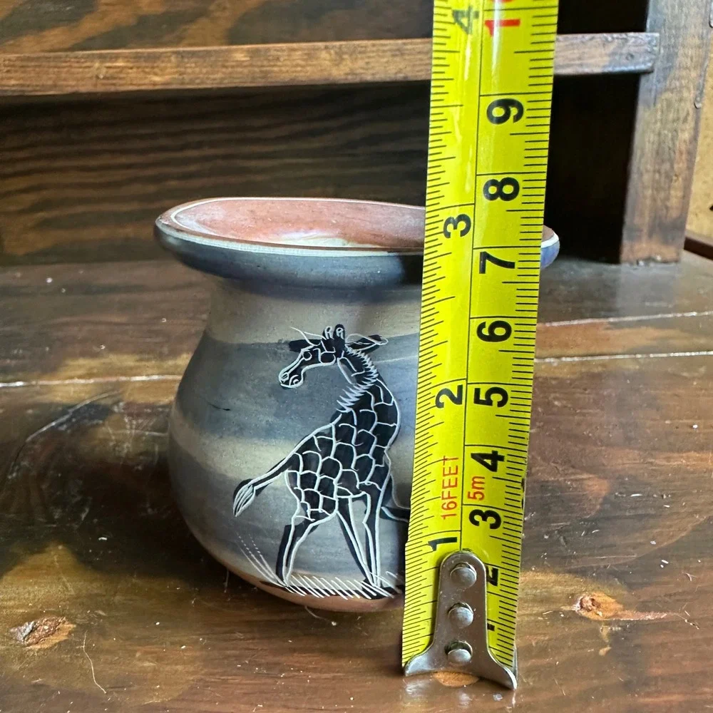 Vintage African Sgraffito Stoneware Vase Giraffe Etched‎ Blue Terracotta Small